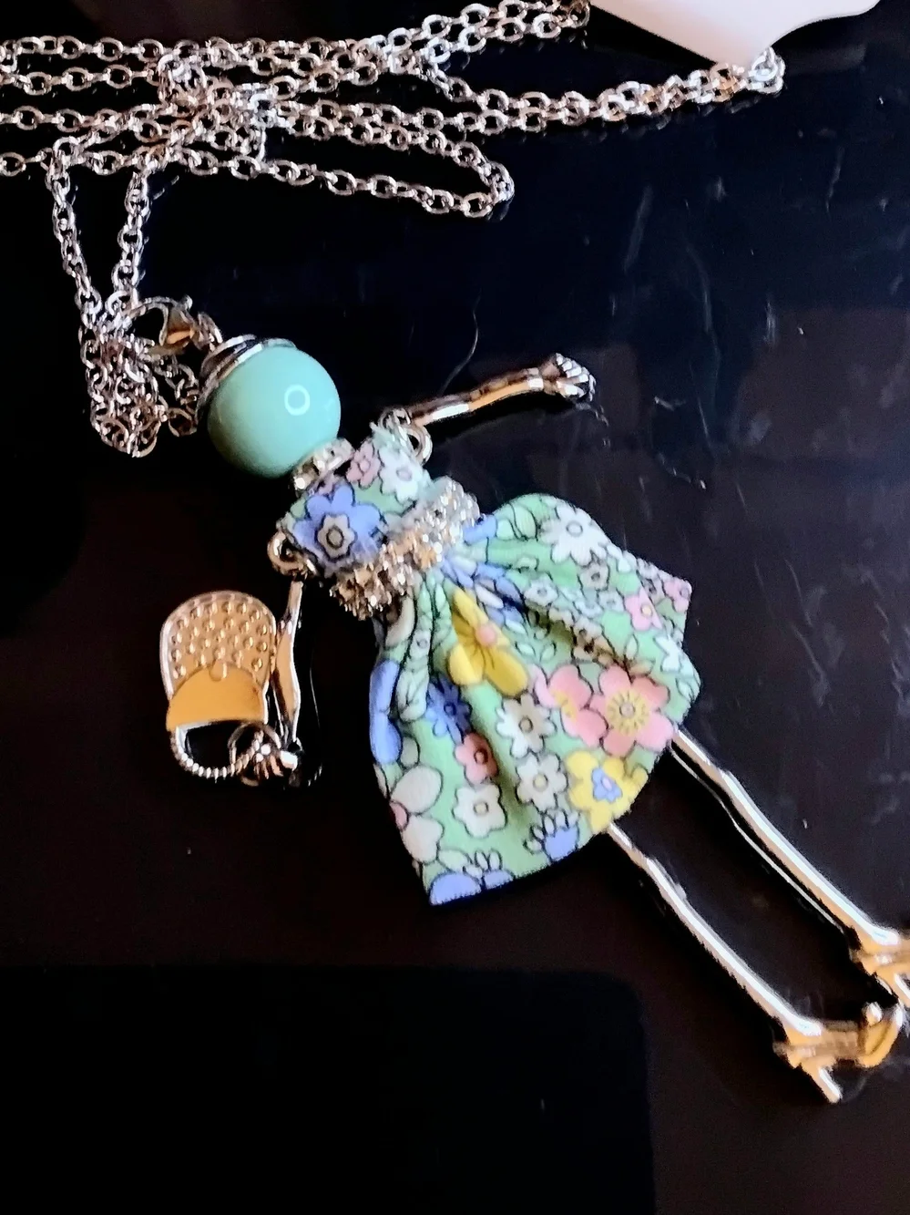Silver Doll Pendant Necklace or Purse Charm with Pastel Floral Dress
